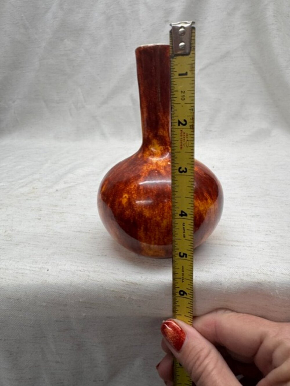 Vintage Studio Pottery Bud Vase – Amber Rust Brown Drip Glaze – Signed LB
